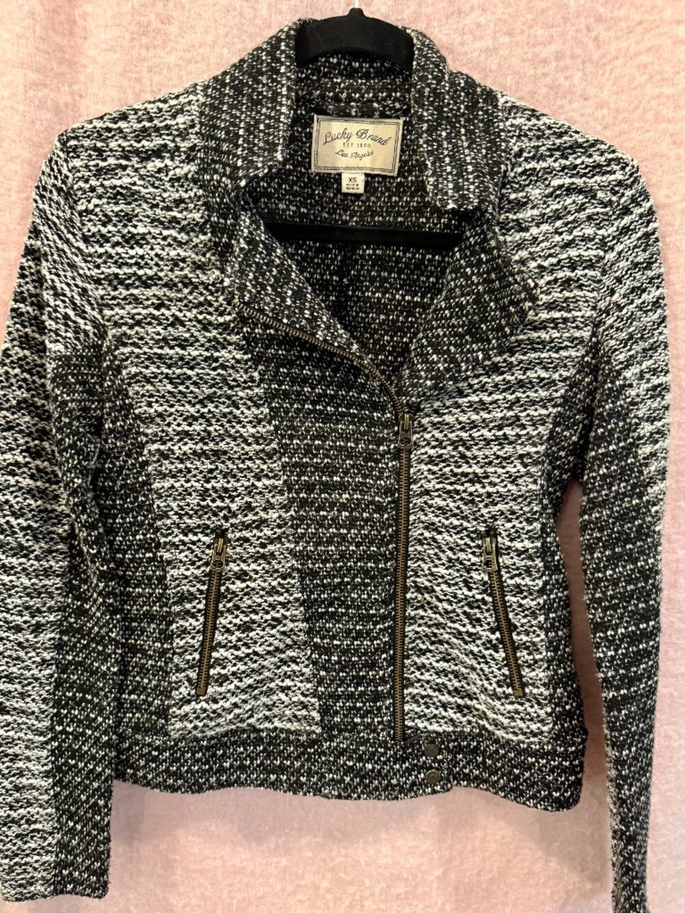 Lucky Brand Moto Jacket Womens XS Black & White Tweed Zip Up Long Sleeve